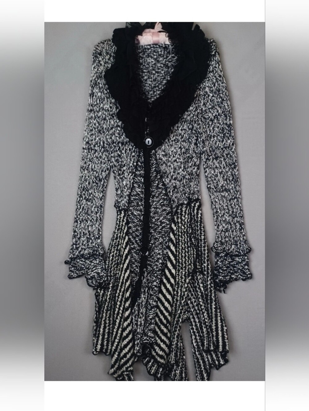 Pretty Angel Silk Wool Blend Ruffle Long Cardigan Black White Marled Duster. XL